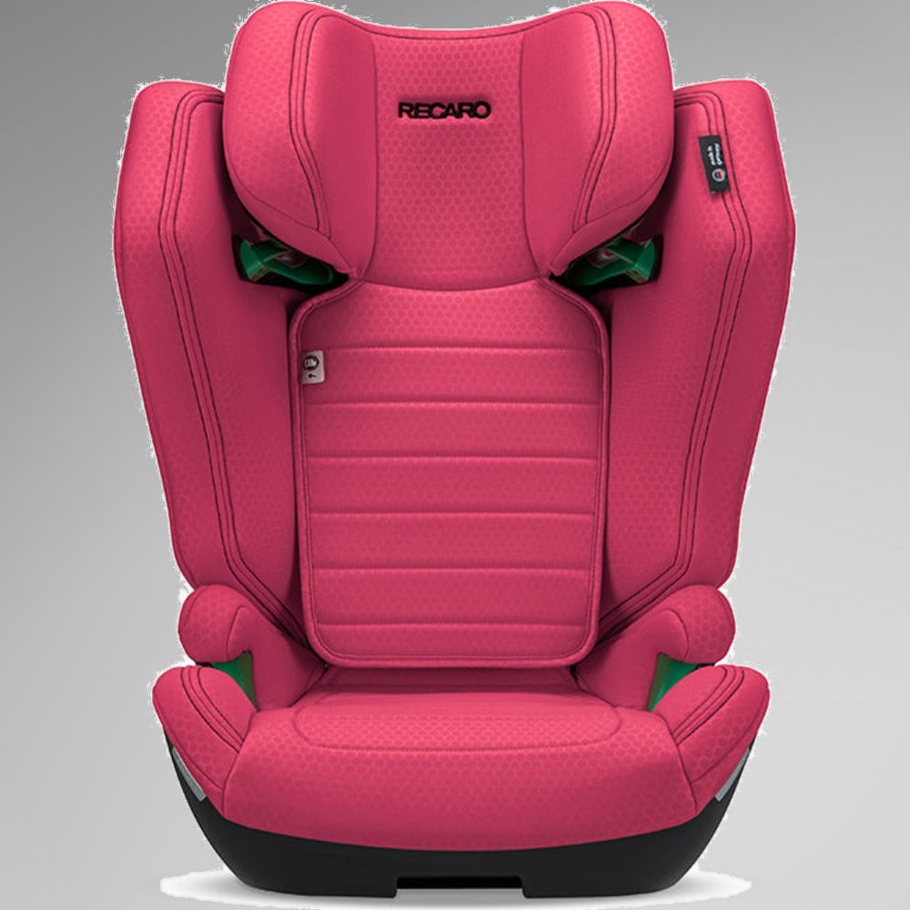 Recaro Axion 1 Wow Pink autostol set forfra i vinklet perspektiv, viser hovedstøtte og sidebøjler