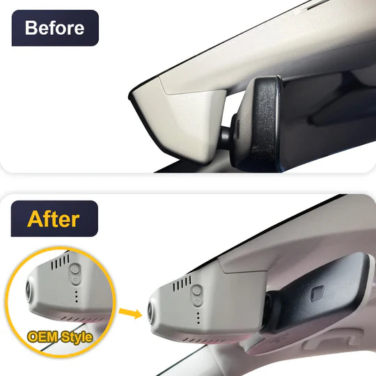 FitCamX dashcam geïnstalleerd in Skoda Elroq 2025, voor en na montage, OEM-stijl weergegeven.