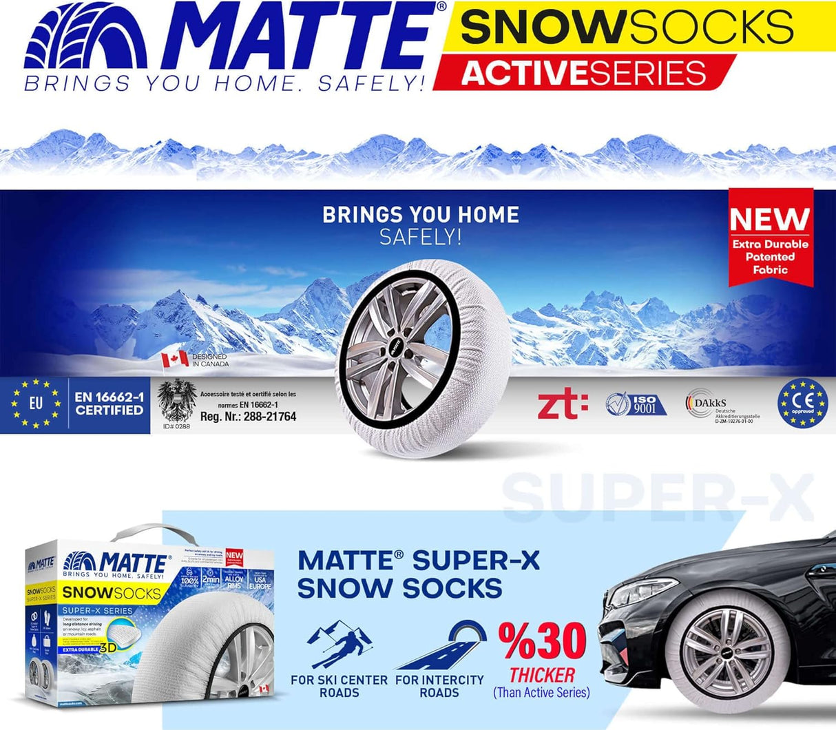 Mat Super-X sneeuwsokken voor auto's met logo en technische specificaties.