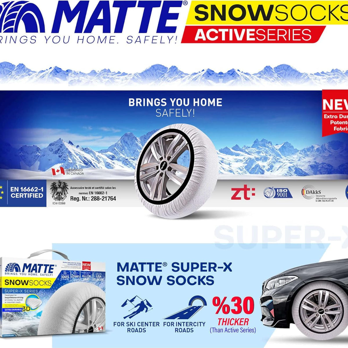 Mat Super-X sneeuwsokken voor auto's met logo en technische specificaties.