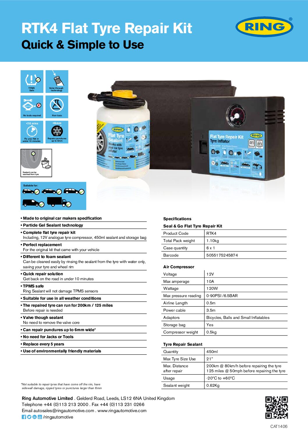 Specificaties voor Ring RTK4 bandenreparatieset met compressor en afdichtmiddel