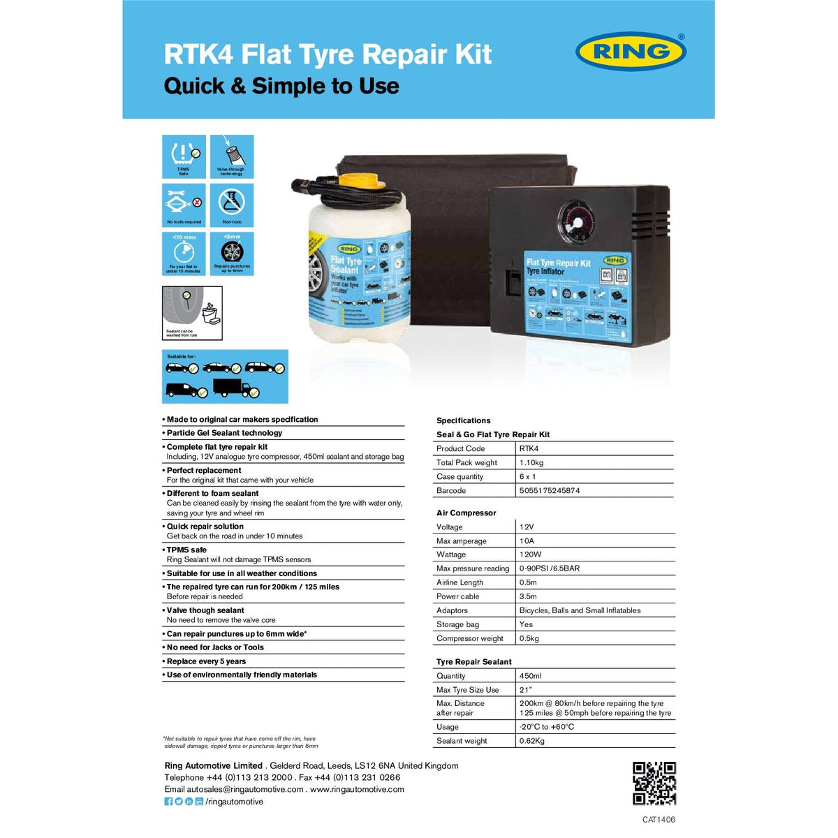 Specificaties voor Ring RTK4 bandenreparatieset met compressor en afdichtmiddel