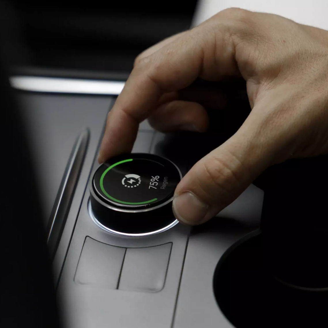 Persoon stelt S3XY Knop in voor Tesla Model 3/Y met regen-display.