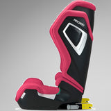 Recaro Axion 1 Wow Pink autostol set fra siden med synlige Isofix-beslag i gul