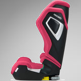 Recaro Axion 1 Wow Pink autostol set fra siden, viser sædets profil og transporthjul nederst