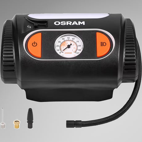 Osram TYREinflate 2110 set forfra med tilbehørsdyser og forlængerslange nedenunder
