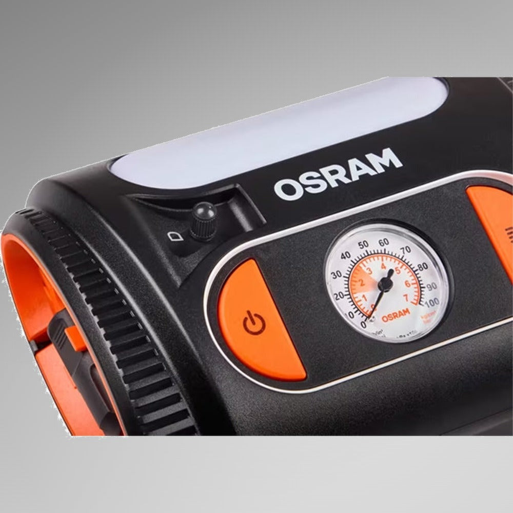 Nærbillede af Osram TYREinflate 2110 analog tryk-måler og tænd/sluk-knap
