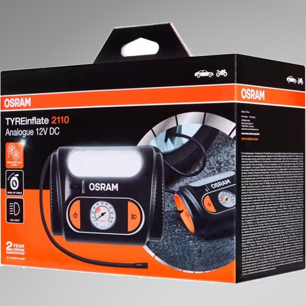Osram TYREinflate 2110 emballage set fra siden med bagsidetekst