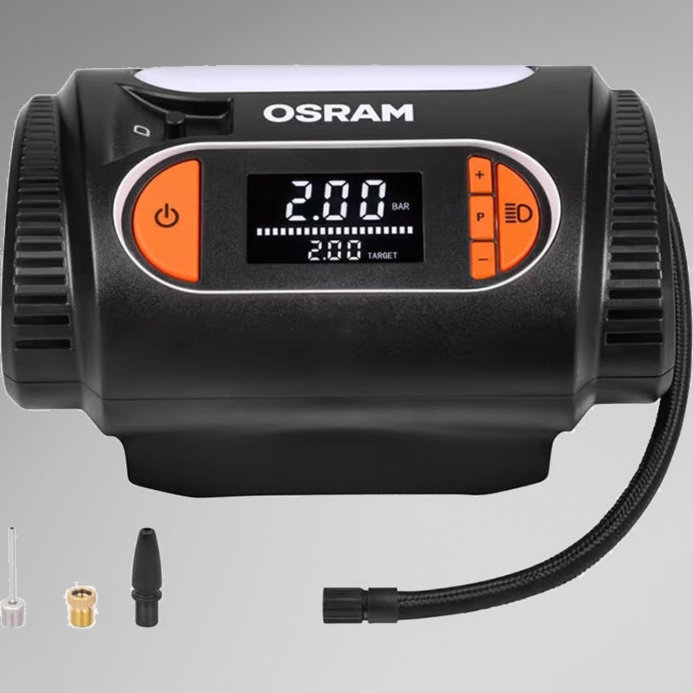 Osram TYREinflate 2120 set forfra med tilbehørsdyser og forlængerslange nedenunder