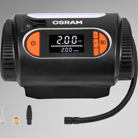 Osram TYREinflate 2120 set forfra med tilbehørsdyser og forlængerslange nedenunder