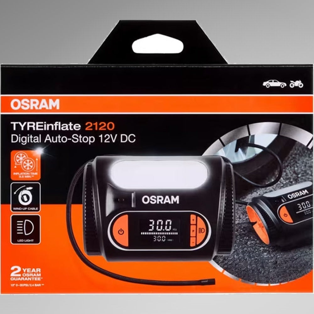 Osram TYREinflate 2120 emballage med produktbillede og funktionsikoner