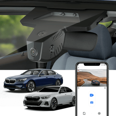 FitCamX dashcam voor BMW i5 2024 (G60) met smartphone-app en twee auto's.