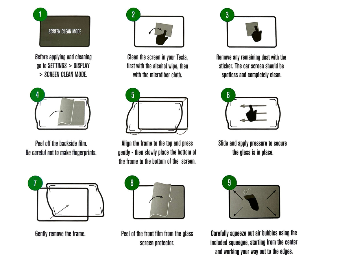 GCG Max schermbeschermer montagehandleiding met negen stappen voor Tesla Model 3/Y.