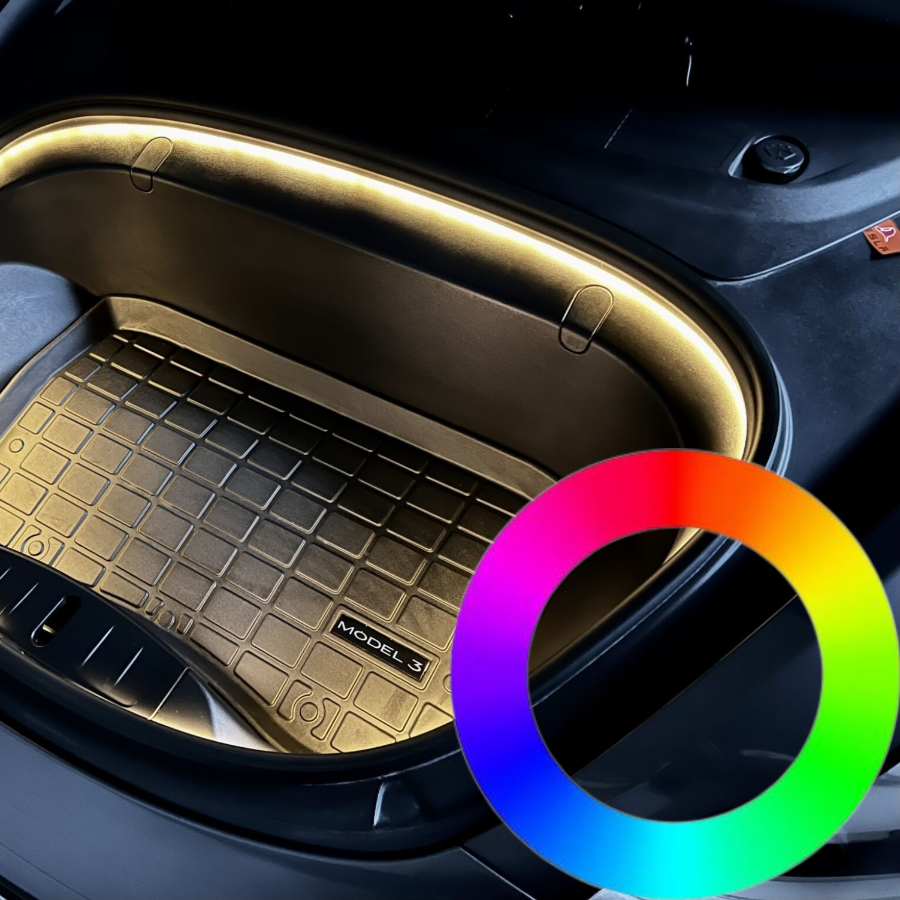 Frunk LED RGB-lichtstrip in Tesla Model 3/Y met kleurwiel.