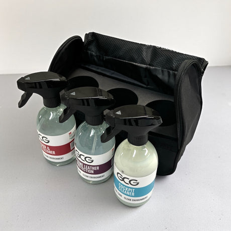 GCG MAX auto verzorgingsset met drie reinigingsmiddelen in opbergtas.