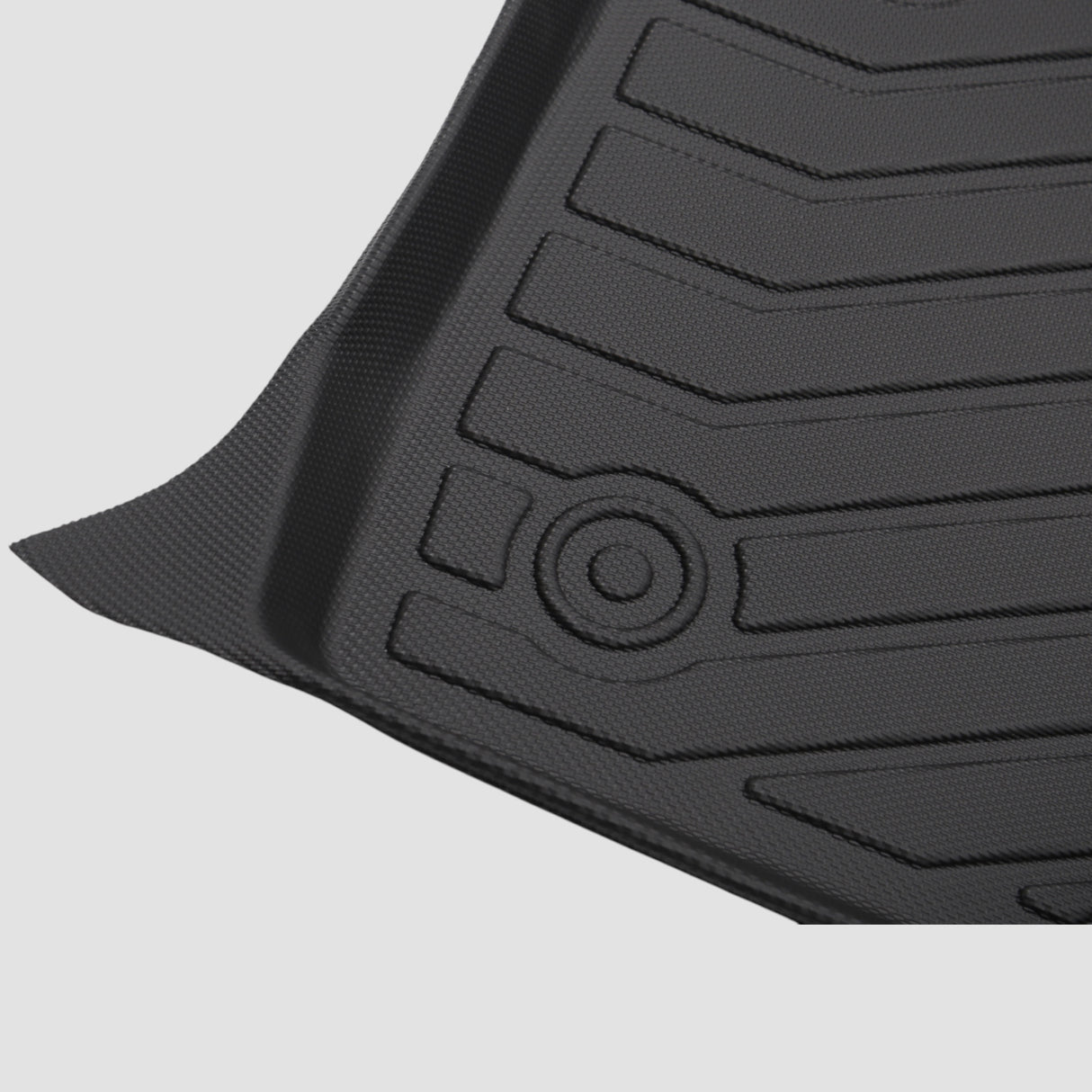 Detail van zwarte 3D All Weather mat met patroon en logo