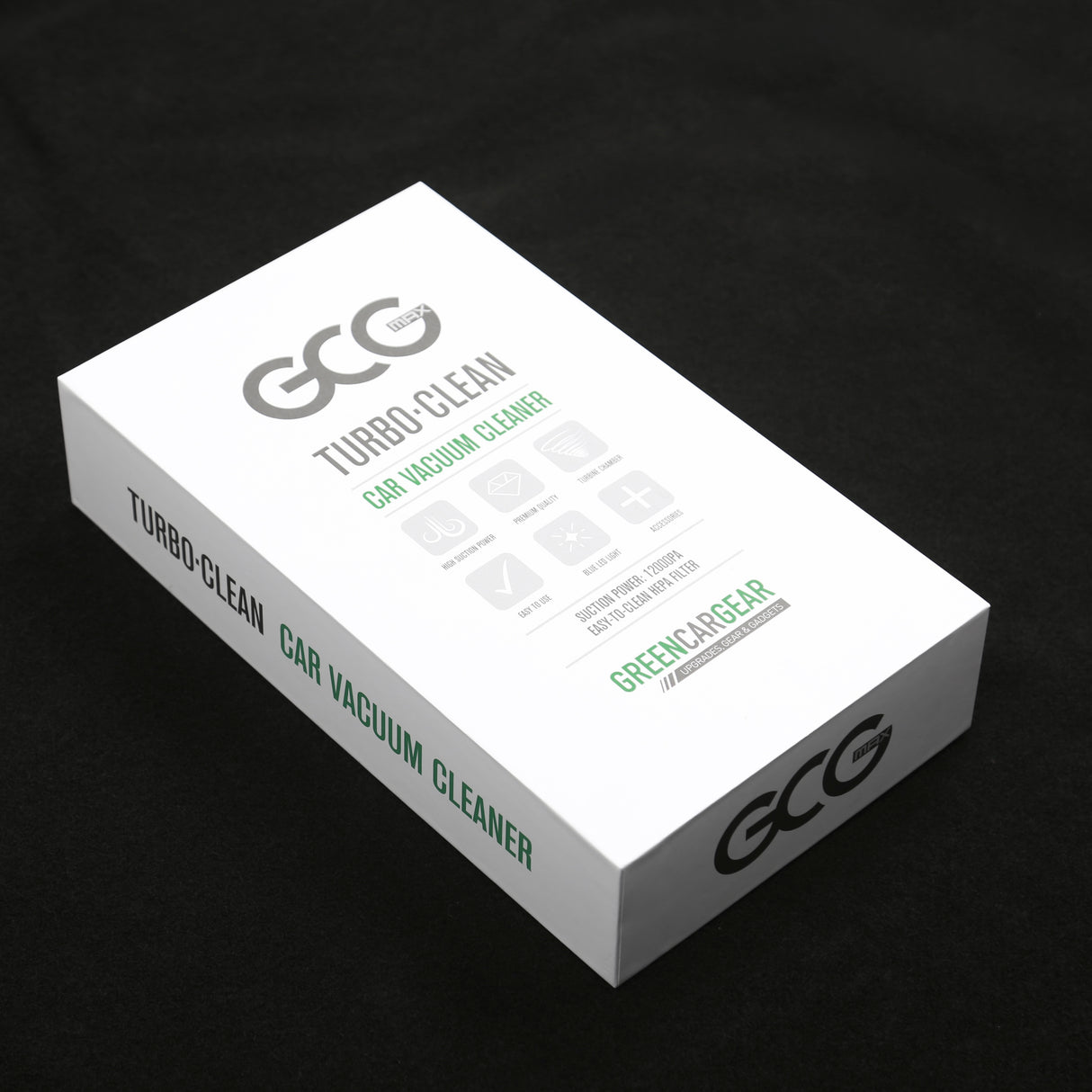 GCG MAX TurboClean auto-stofzuiger, witte verpakking met groene tekst