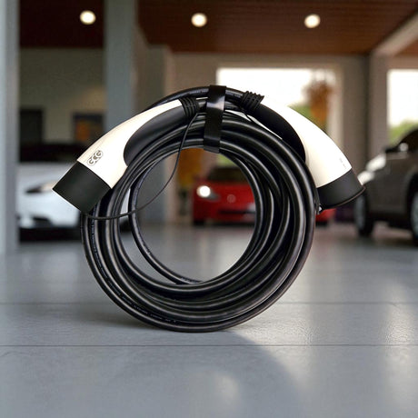 GCG MAX laadkabel Type 2 voor elektrische auto's, opgerold op een tegelvloer.