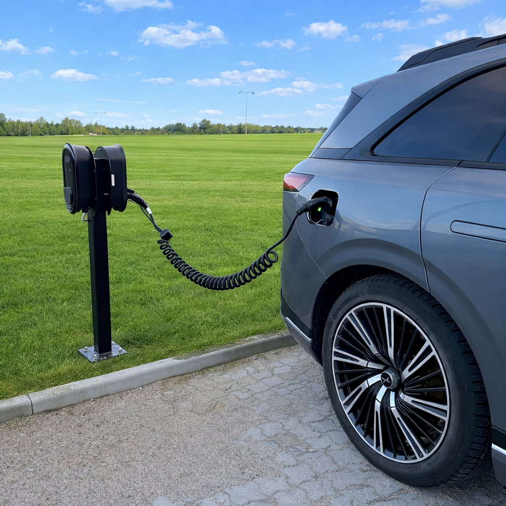 Een zwarte spiraalladerkabel aangesloten op een laadpaal en een elektrische auto