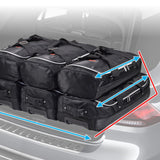 Diagram med pile der viser mål på Car-Bags rejsetasker pakket i bagagerum