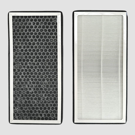 Twee koolstoffilters voor VW ID.3/4/5/6/7 van voren gezien, één met zwart net en één met wit filteroppervlak.